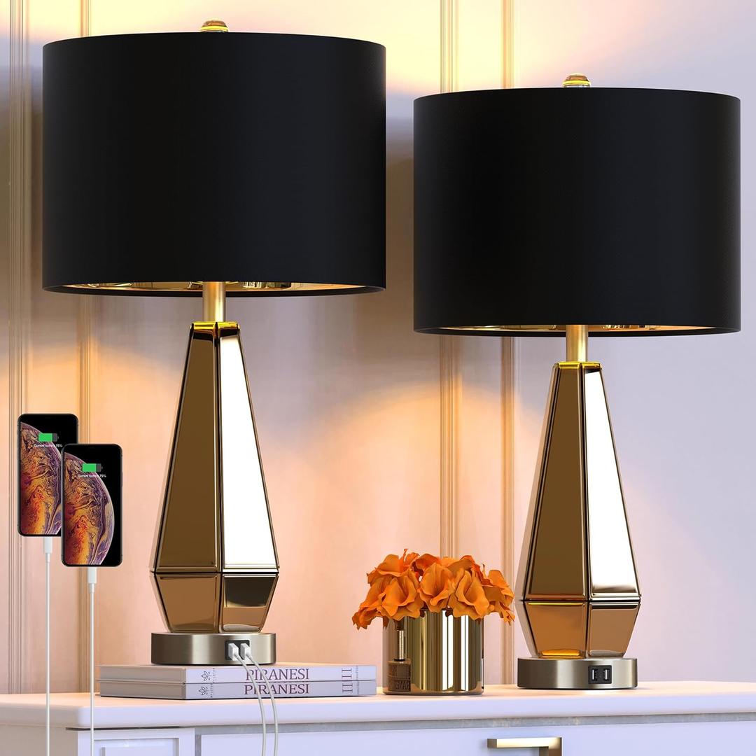 Hamucd Set of 2 Mirrored Glass Bedside Table Lamps with 2 USB Ports for Bedrooms Modern Amber Side Nightstand Lamps with Gold Black Fabric Shade Geometric Comtempory Living Room Lamps for End Tables