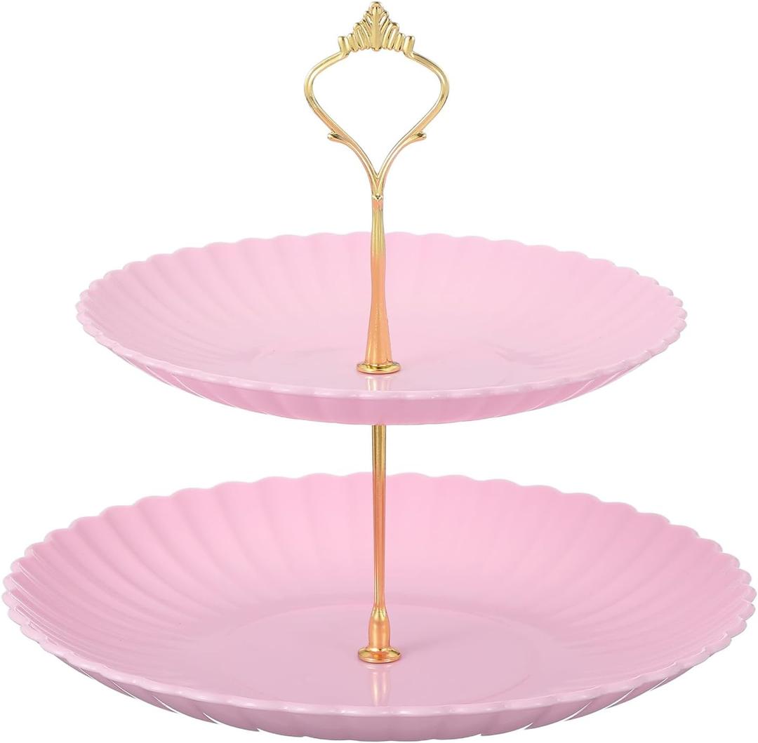 uxcell 2-Tier Cupcake Stand Holder, Round Tiered Serving Tray 20/25cm Cup Cake Stand for Birthday Party Decor, Pink (Lines)