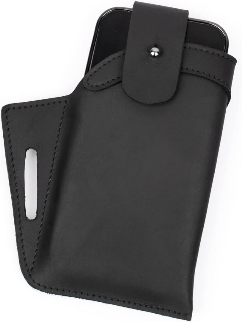 Topstache Leather Phone Holster for Belt, Flip Cellphone case for iPhone 14, 14 Pro, 13 Pro, 13, 12 Pro, 12, 11, XR, Galaxy S22, S21, S20,Premium Leather Pouch for Phone with Protective Case. (Black)