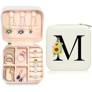 Ldntly Sunflower Jewelry Case, Sunflower Gifts for Women, Initial Travel Jewelry Box, Personalized Gifts for Teen, Mom, Wife, Bridesmaids, 21st Birthday Gifts for Her, Set of 2