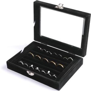 Frebeauty Rings/ Earring Organizer Tray with Clear Lid, 7 Slots Ring Box Velvet Ring Holder Drawer Insert Jewelry Storage Box Jewelry Display Case Jewelry Box Gift for Women and Girls(Black, 7 Slots)