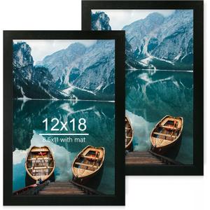 Hongkee 12x18 Frame Set of 2, Rustic Black Wood Style, Display 12 x 18 Poster without Mat or 8.5x11 Picture with Mat, Wall Mounting Horizontal and Vertical