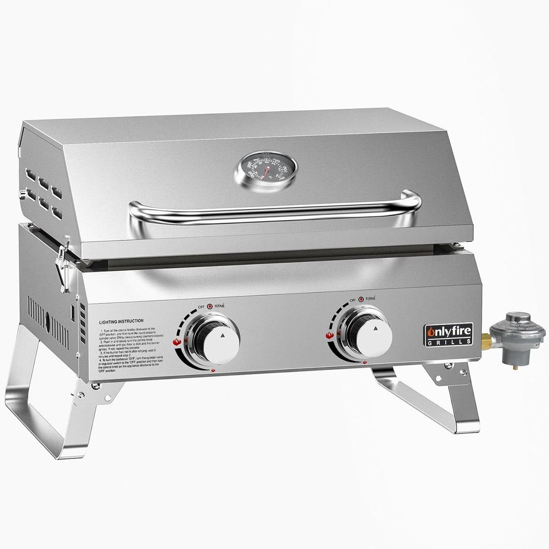 ONLYFIRE GRILLS Tabletop Gas Griddle with Lid & Foldable Legs, 2-Burner BBQ Propane Flat Top Griddle, Portable Grill Stove for Outdoor Cooking Patio Party Camping Tailgating RV, Stainless Steel, GS318