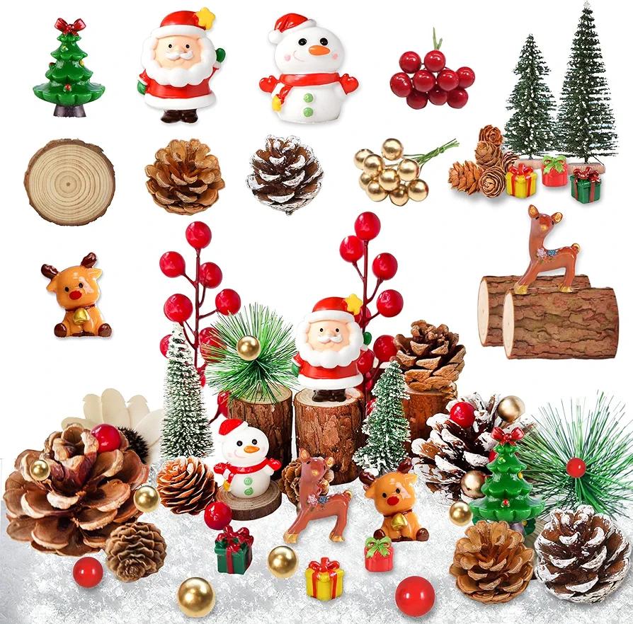 48PCS Christmas Miniature Figurines Mini Resin Christmas Ornaments Kit with Snowman Santa Claus Trees Wooden Display Stand Pine Needles Trees Cones Theme for DIY Xmas Decor Fairy Garden