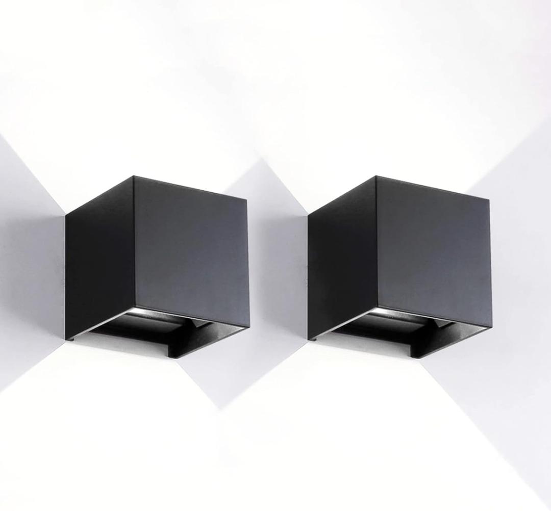 2 Pack LED Outdoor Wall Lights Exterior/Interior, Up and Down Lights IP65 Waterproof Wall Sconces, Square Aluminum Outdoor Wall Lighting Fixtures, Modern Black 12W 6500K Cold Lights