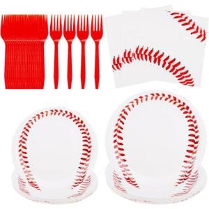 96pcs Baseball Party Tableware Set, Disposable Baseball Dessert Cake Paper Plates Napkins & Forks for Sports Ball Themed Birthday Party Decorations & Supplies Serves 24 Guests