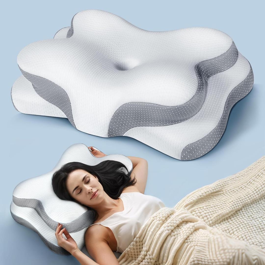 Osteo Sustained Cervical Health Neck Pillow, Contour Zoned Design Ergonomic Pillow for Pain Relief, No-Temperature Affected Memory Foam Pillows, Cooling Pillow Support Side, Back, Stomach Sleeper (Gray)