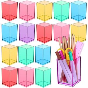 18 Pack Colorful Clear Acrylic Pen Holder Acrylic Square Pencil Organizer Rainbow Colors Pencil Holder Makeup Brush Holder Desk Pencil Cup Stationery Organizer for Desk Dorm Home Office Supply