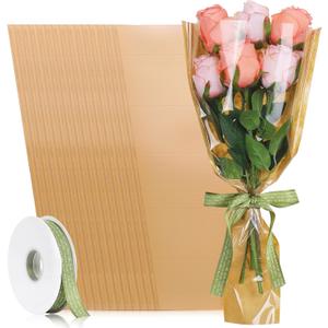tchrules 50PCS Flower Bouquet Wrapping Paper with Ribbon, Kraft Flower Sleeves for Bouquets, Brown Floral Packing Bags Bulk for Valentine's Day Mother's Day Graduation Wedding, 17.7x9.4x3.5 inch