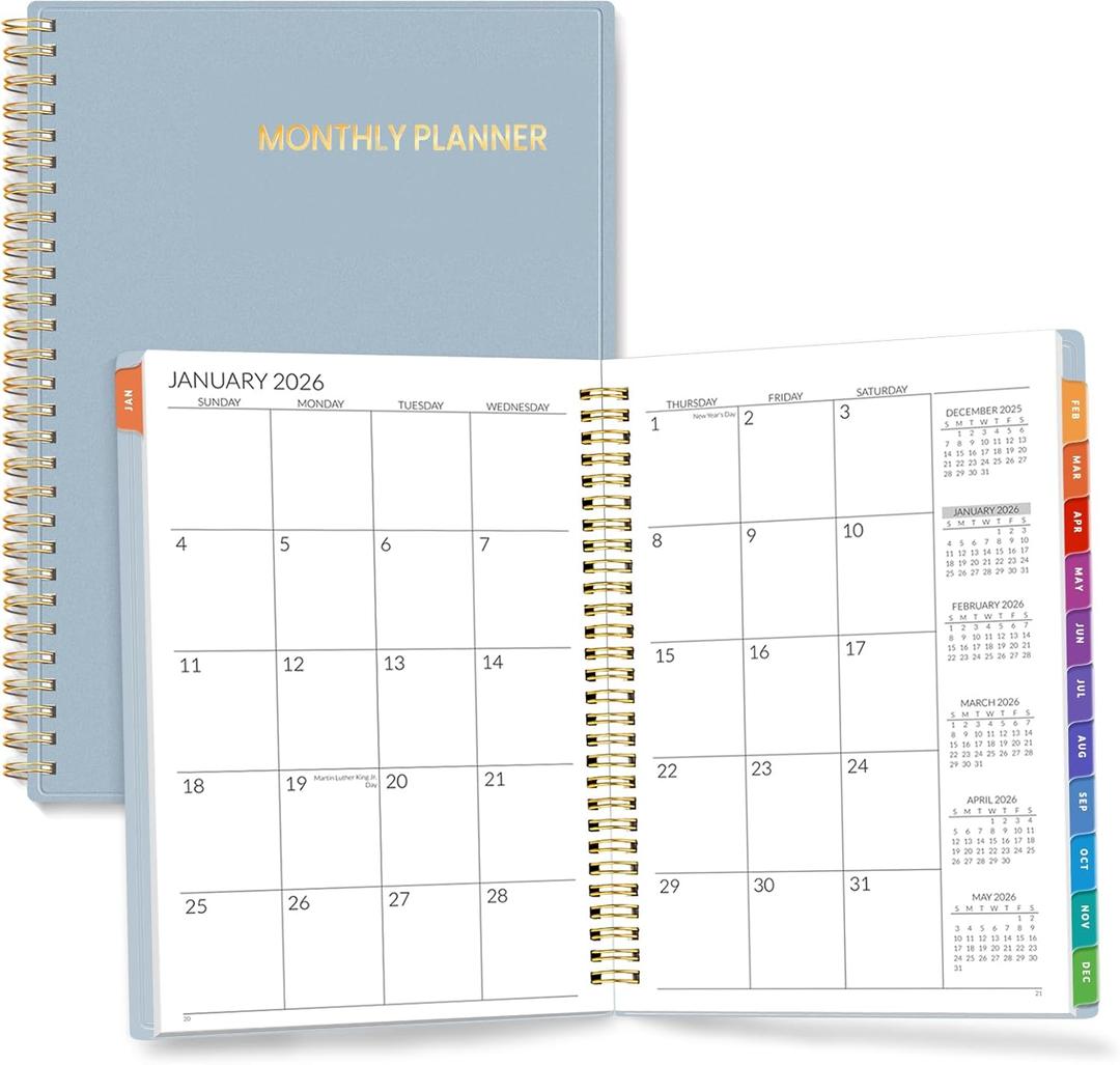 2 x SUNEE 20262027 Monthly Planner  Large 7" x 10" Organizer with Tabs, 100 GSM Paper, 24-Month Calendar, Spiral Bound, Flexible Cover for Office, School, Women, Men, Gray Blue