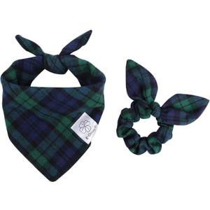 E-Clover Green Dog Bandanas Boy & Matching Scrunchie Set Plaid Scarf Kerchief for Small Dog Puppy Bandana Pet Owner Blue St Patrick Spring