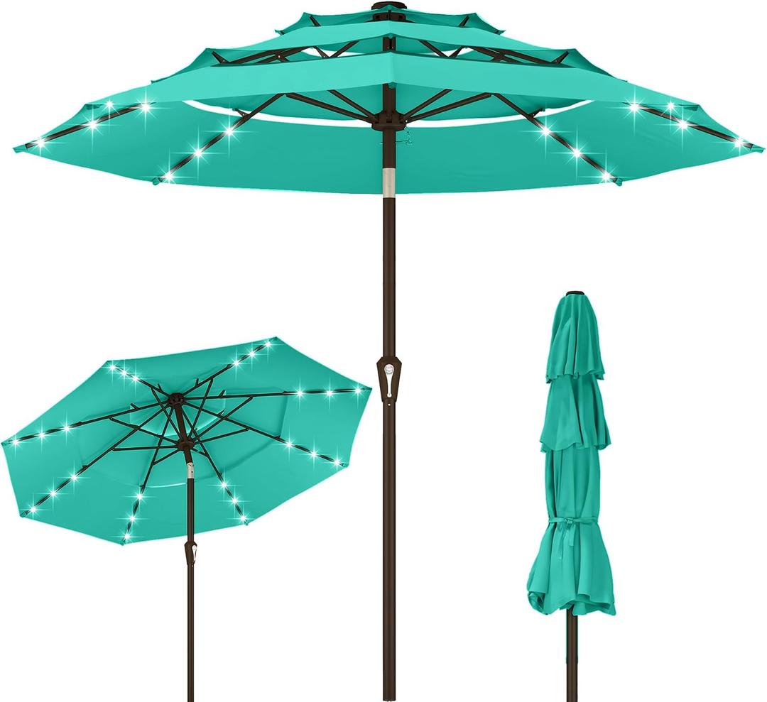 Kingdura 10ft 3-Tier Patio Umbrella with Solar Lights, Table Umbrella Outdoor Patio with Easy Crank & Tilt, 8 Sturdy Ribs, UV Protection, 32 LED Lights for Deck, Poolside, Market (Tiffany blue)