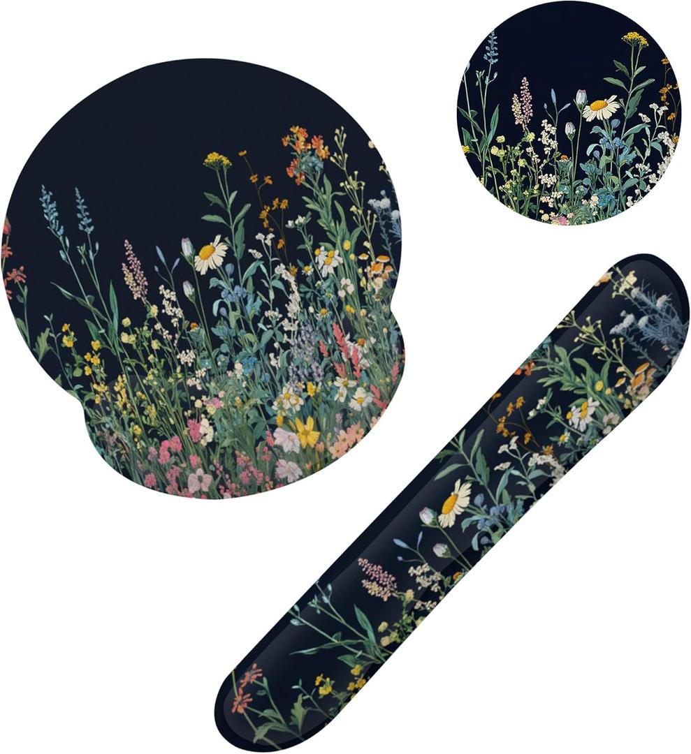 Wildflower Spring Floral Mouse Pad with Wrist Rest and Keyboard Wrist Rest Set, Garden Flowers Non-Slip Rubber Base Memory Foam Mouse Pad Set for Women, Office Desk Accessories, Gaming