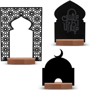 Gerrii 3 Pcs Ramadan Tabletop Decoration Eid Mubarak Islamic Decors Acrylic Ramadan Display Stand Set with Wooden Base for Home & Mosque Decoration, Black Eid Mubarak Display