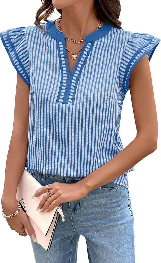 Dokotoo Womens Summer Tops Casual V Neck Cap Short Sleeve Striped T Shirts Loose Boho Blouses (Blue) L