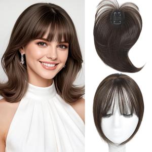Hair Topper with Bangs Clip, 360 3D Cover Hair Toppers for Women with Thinning Hairs, 10 Inch Straight Clip in Bangs Hairs Piece for Women Daily Wear (6Q#-Chestnut Brown)