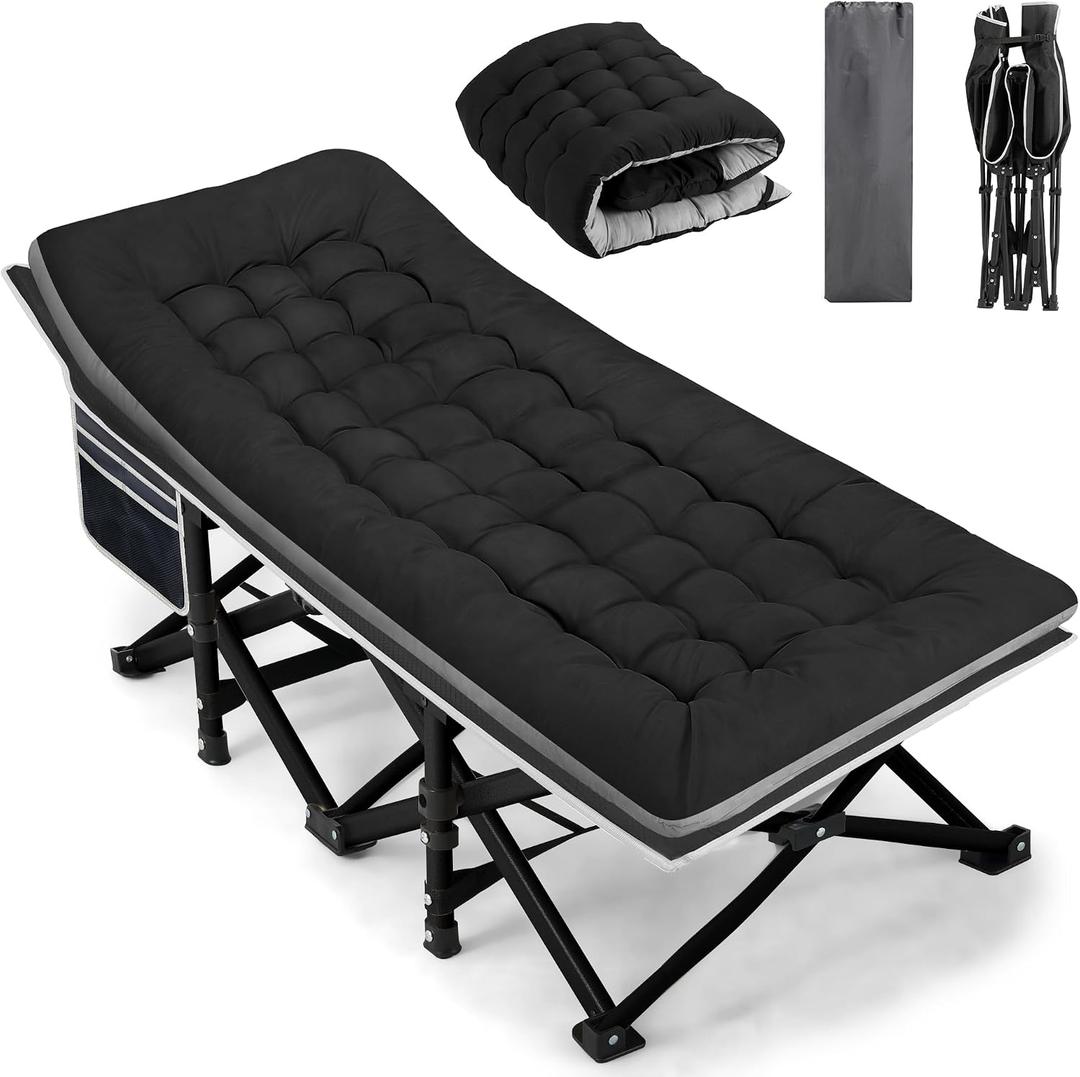 Fragess Portable Camping Cot, Sleeping Cots for Adults, 28" Extra Wide Heavy Duty Folding Cot Max Load 600LBS with Thick Mattress, Portable Camping Bed for Outdoor Camp/Office, Home Nap (Black)