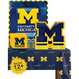 Michigan party supplies with Michigan tablecloth plates and napkins (37 piece set) for graduation, football tailgating, and birthday party decorations (Serves 12) (Michigan Wolverines)