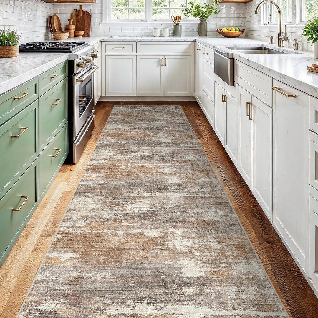 2'6''x12' Washable Kitchen Runner Rug: Modern Abstract Runners for Hallway Soft Non Slip Rugs with Rubber Backing Low Pile Thin Floor Carpet for Entryway Bedroom Bathroom Indoor(Brown/Brick,2'6''x12')