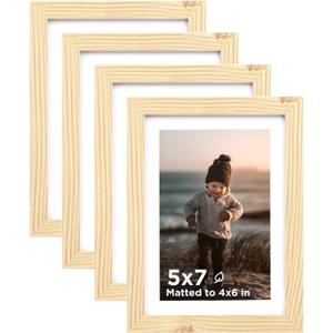 KINLINK 5x7 Picture Frame Wood Grain Set of 4, Wooden Photo Frames Matted 4x6 with Plexiglass for 4x6 with Mat or 5x7 without Mat for Table and Wall Display
