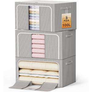Clothes Storage Bins with Metal Frame Foldable Storage Box Clothes Organizers Storage Containers for Clothes Sheets Blankets Books Toys Gifts and Holiday Decorations (100Lx3 Pack)