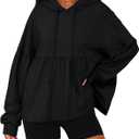Womens Oversized Hoodies Sweatshirts Casual Lantern Sleeve Peplum Tops Drawstring Loose Hooded Pullover Workout Top (Medium, Black)