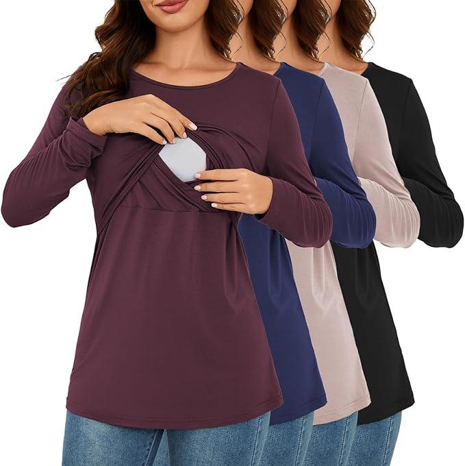 Liu & Qu Breastfeeding Shirts 4 Pack Long Sleeve Women Causal Nursing Tops Double Layer Pumping Shirt, Size: M