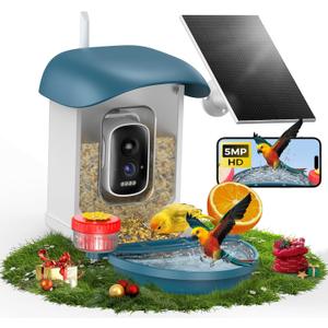 Bird Feeder with Camera 5MP Live Video, Solar Powered Smart AI Identify Birds Species, 2.4G WiFi Camera with Squirrel-Proof, 2-in-1 Bird Bath, Instant Arrival Alerts, Ideal Gifts for Birdlovers