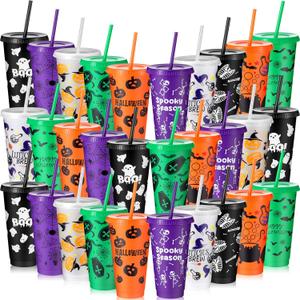 Chuangdi 24 Pack Halloween Plastic Tumbler with Lids and Straws Reusable Plastic Cups Spooky Cups Bulk for Kids Adults Halloween Party Birthday Supplies (24 oz,Ghost)
