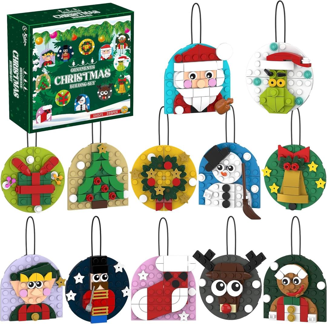 Christmas Ornaments Building Blocks Kit Gift for Kids, Xmas Party Favors Bricks 12 Pack Toys for Boys or Girls 6-12, Christmas Tree Hanging Home Decorations Festival Pendants Holiday Set