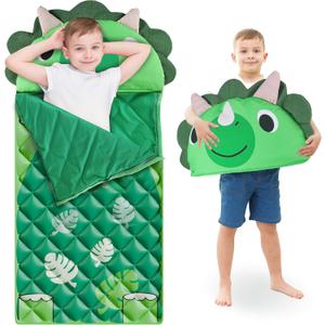 iPlay, iLearn Kid Sleeping Bag, Dinosaur Slumber Sack, Toddler Boy Nap Mat, 2 in 1 Green Dinos Cushion Blanket, Happy Travel Sleepover Daycare Preschool Birthday Gift for 3 4 5 6 Years Old Child