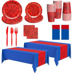 Oudain 162 Spider Birthday Party Decoration Supplies Red Blue Disposable Rectangular Spider Web Tablecloth Paper Plates Napkins Cups Set Plastic Dinner Tableware Forks Spoons Knifes