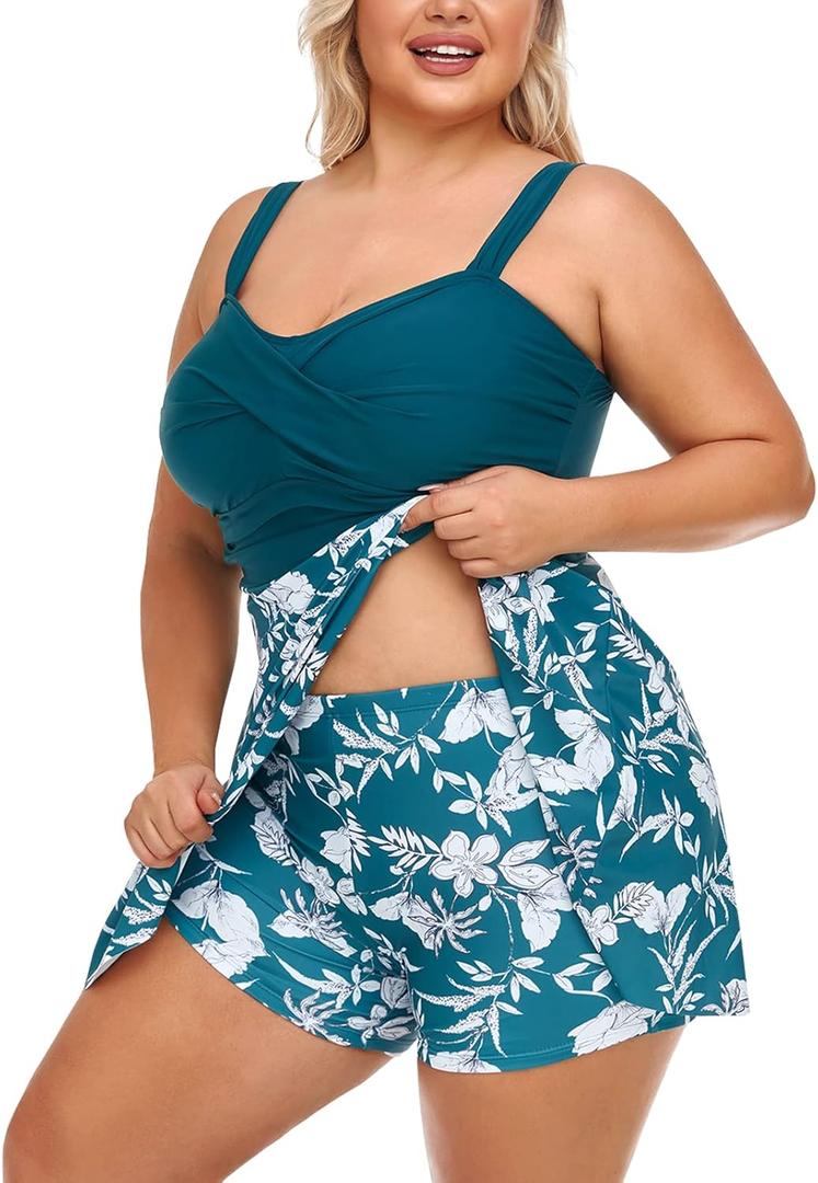 MiYang Women Plus Size Two Piece Swimsuits Flowy Tankini Swim Dress Bathing Suit with Shorts (Silver Bell Flower, Size 22)