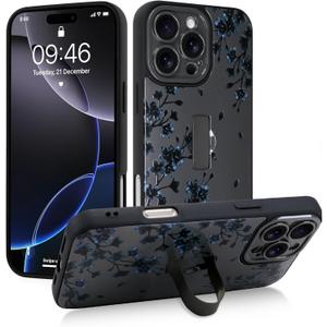 Gukalong Phone Case for iPhone 16 Pro Max 6.9 Inch Black Floral Flowers Cherry Blossom Slim Phone Cover with Strap Stand Heavy Duty Shockproof Protective Anti-Scratch Kickstand Case for Women