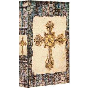Vintage Style Wooden Decorative Book Box - Faux Leather, Christian Cross Pattern, Gift Idea