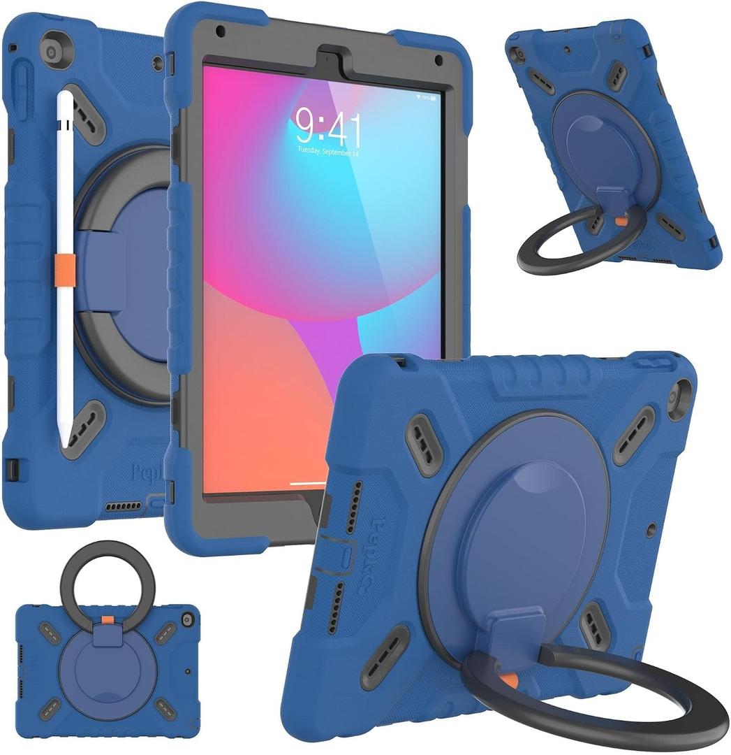 Pepkoo Triple Shockproof Case for iPad 5th/6th Generation 9.7 inch 2017 2018 and iPad Air 2 Gen, Heavy Duty Kid Boy Girl Cover with Pencil Holder/Handle Kickstand/Shoulder StrapDeep Blue