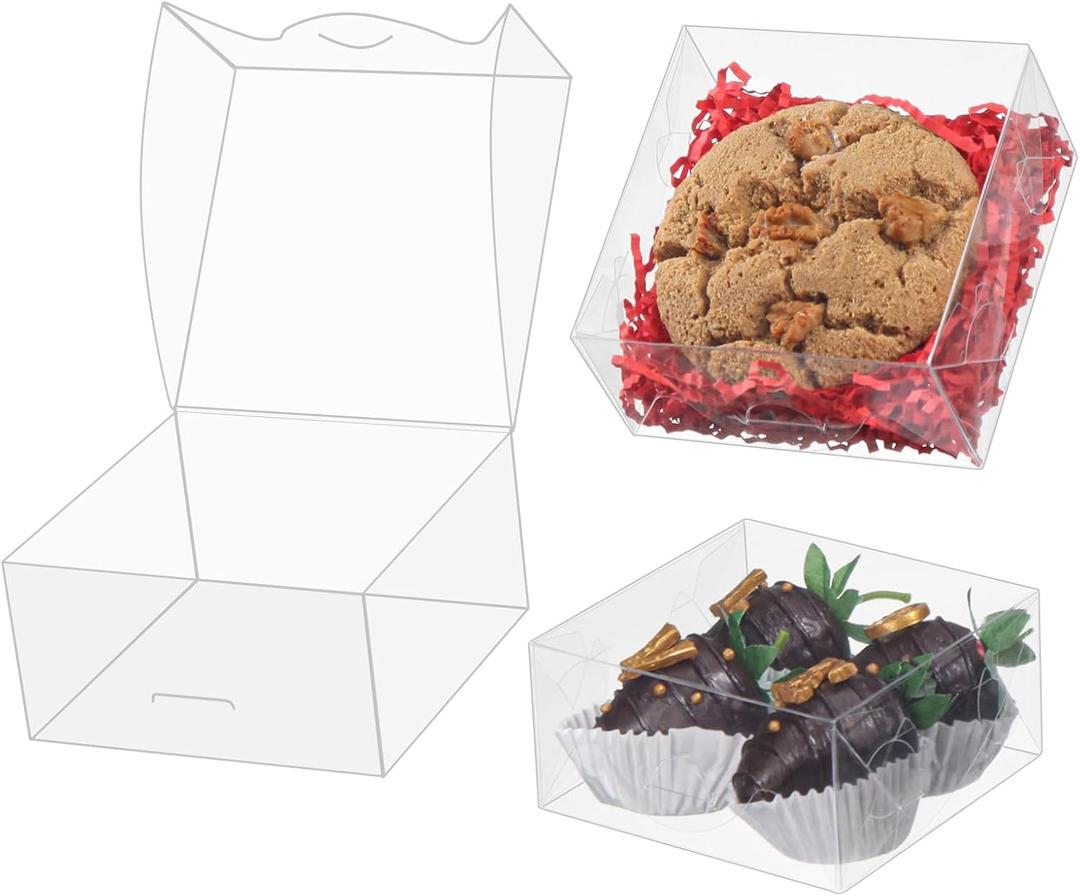 50pcs 4x4x2 Inch Plastic Clear Pastry Boxes - Cookies, Doughnuts, Truffles, Brownie, Cake, Chocolate Covered Strawberries & Treat Boxes for Party Favors & Wedding
