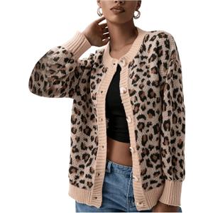 Women's Leopard Print Cardigan Button Front Cardigan Sweaters Crew Neck Drop Shoulder Long Sleeve Knit Tops (Medium, Apricot)