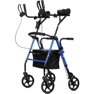 ELENKER Upright Walker, Stand Up Rollator Walker with Padded Seat and Backrest, Lightweight, Compact Folding, Fully Adjustment Frame for Seniors, Blue