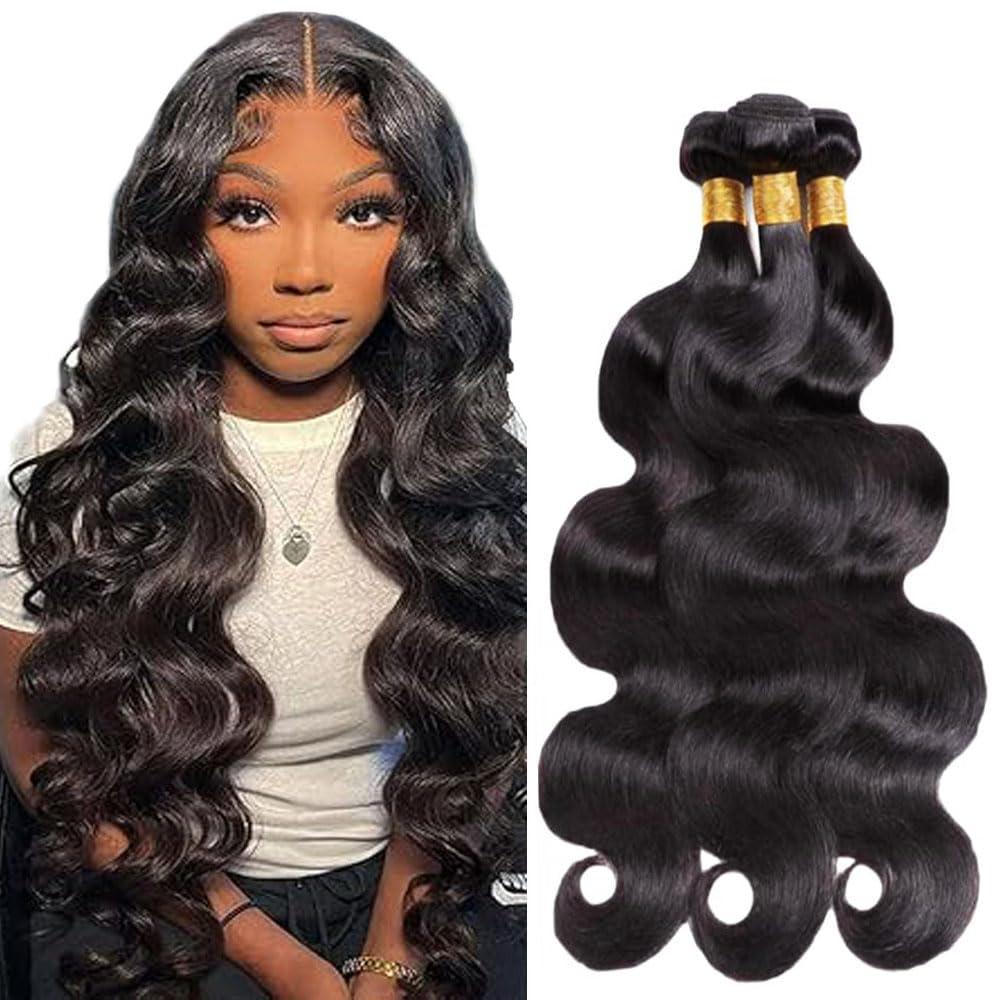 Body Wave Human Hair Bundles 26 28 30 Inch Natural Black Bundle Human Hair Extension 3 Bundles 50g Per Bundle 150 Gram Total Unprocessed Virgin Hair Color #1B