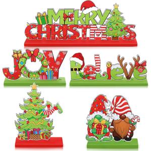 Capoda 5 Pcs Christmas Table Signs Decorations Merry Christmas Wooden Table Centerpieces Red and Green Joy Believe Tabletop Ornament Desktop Decor for Xmas Holiday Party Home Decorations Supplies