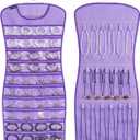 Dual sided Jewelry Hanging Organizer Closet Necklace Holder for Earrings Bracelets Rings with 42 Clear Pockets and 17 Hook Loops (Purple