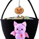 Halloween Candy Basket for Kids  Cotton Rope Trick or Treat Bag with Black Cat Design, Reusable Halloween Candy Bucket for Boys and Girls (purple)