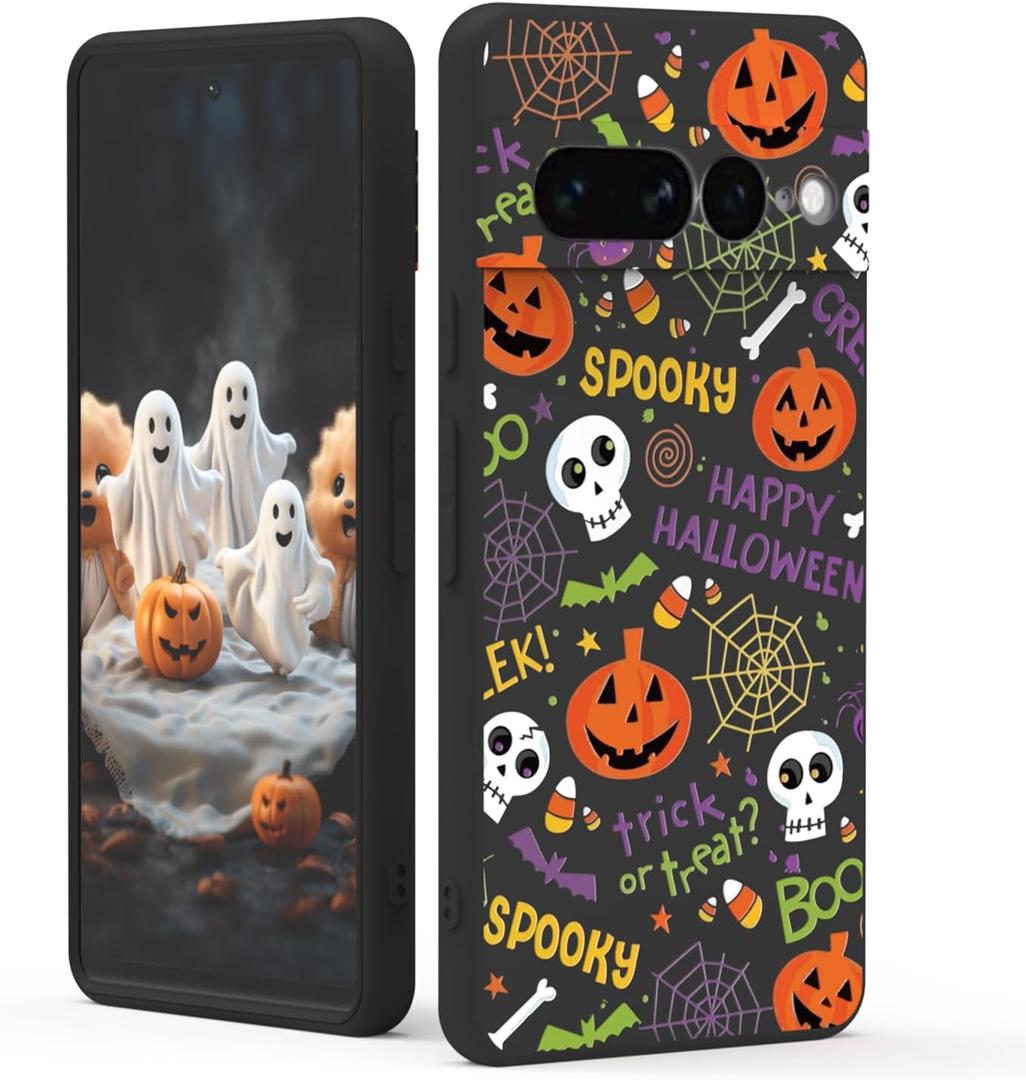 XIMIZU Case for Google Pixel 7 Pro Halloween Ghost Pumpkin Designed,Black Matte Soft Slim Fit TPU Anti-Scratch Shockproof Protective Cover Phone Case for Google Pixel 7 Pro (pumpkin spider web)