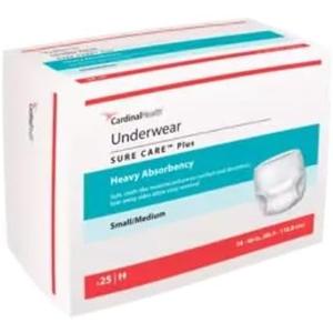 Cardinal Health Protective Underwear, Sure Care Plus, Heavy Absorbency, Size Small/Medium, Pull-On Adult Disposable Underwear with Tear-Away Seams, Cloth-Like & Discreet Case of 80 (White)