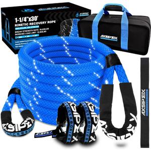 Kinetic Recovery Rope Kit (Reflective), 1.25in x 30ft 56,000Lbs, 35% High Elasticity, w/ 2 Soft Shackles, 18,666Lbs Work Load Limit for 4x4 Offroad Vehicle
