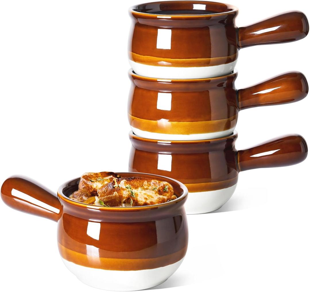 LE TAUCI French Onion Soup Bowls, 16 Ounces Ceramic Soup Bowls with Handles for Soup, Cereal, Chilli, Beef Stew, Soup Crocks Oven Safe and Stackable, Set of 4