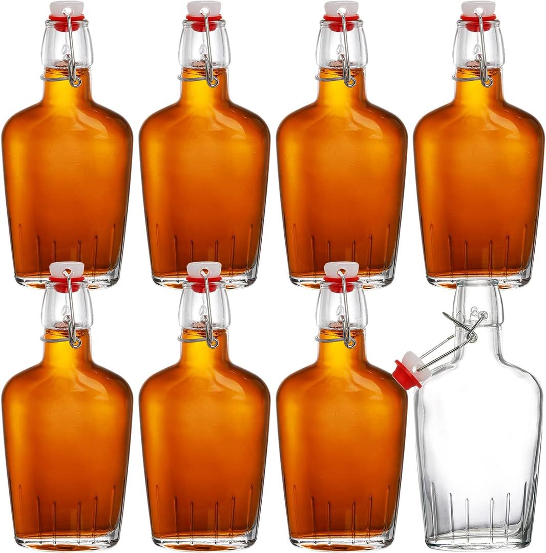 TOPZEA Set of 8 Swing Top Glass Flask, 8.5 Oz Clear Glass Hip Whiskey Flask Pocket Drinking Flasks with Airtight Stopper, Easy Cap Liquor Bottle for Spirits, Beer, 2nd Fermentation Brewing Bottle