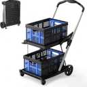Collapsible Shopping Cart with Wheels,2 Tier Multi Use Foldable Shopping Cart with 2 Storage Crates,Folding Shopping Trolley Utility Cart for Office,Groceries, Warehouse,Supermarket,Picnic (Blue)