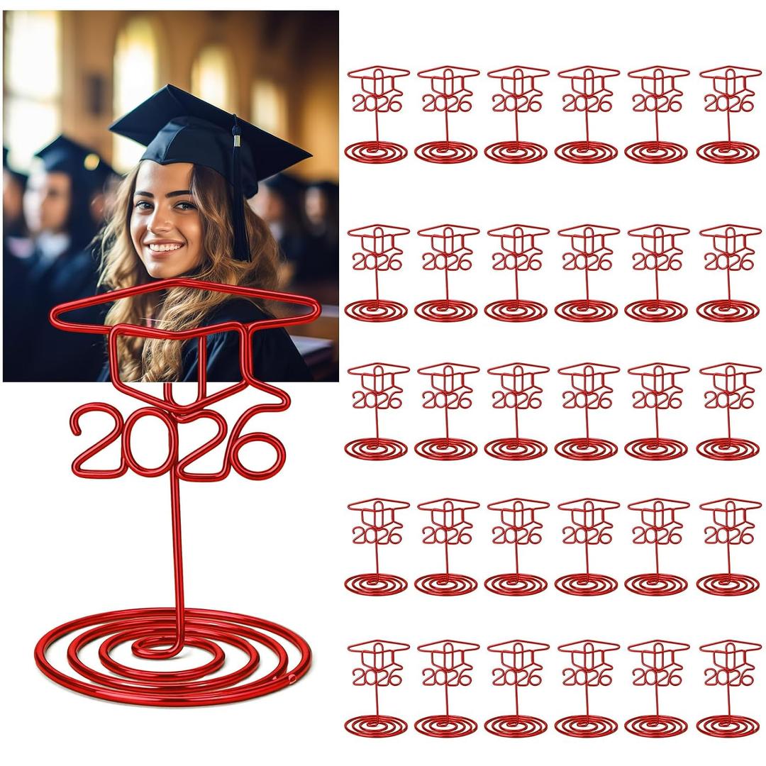 Rtteri 30 Pcs 2026 Grad Cap Graduation Picture Display 2 Inch Red Photo Holders for Centerpieces Graduation Table Number Holders Card Stands for Class of 2026 Grad Party Supplies